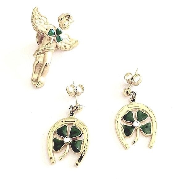 AVON Vintage Irish Shamrock & Angel Brooch Earrings Set - Picture 4 of 9
